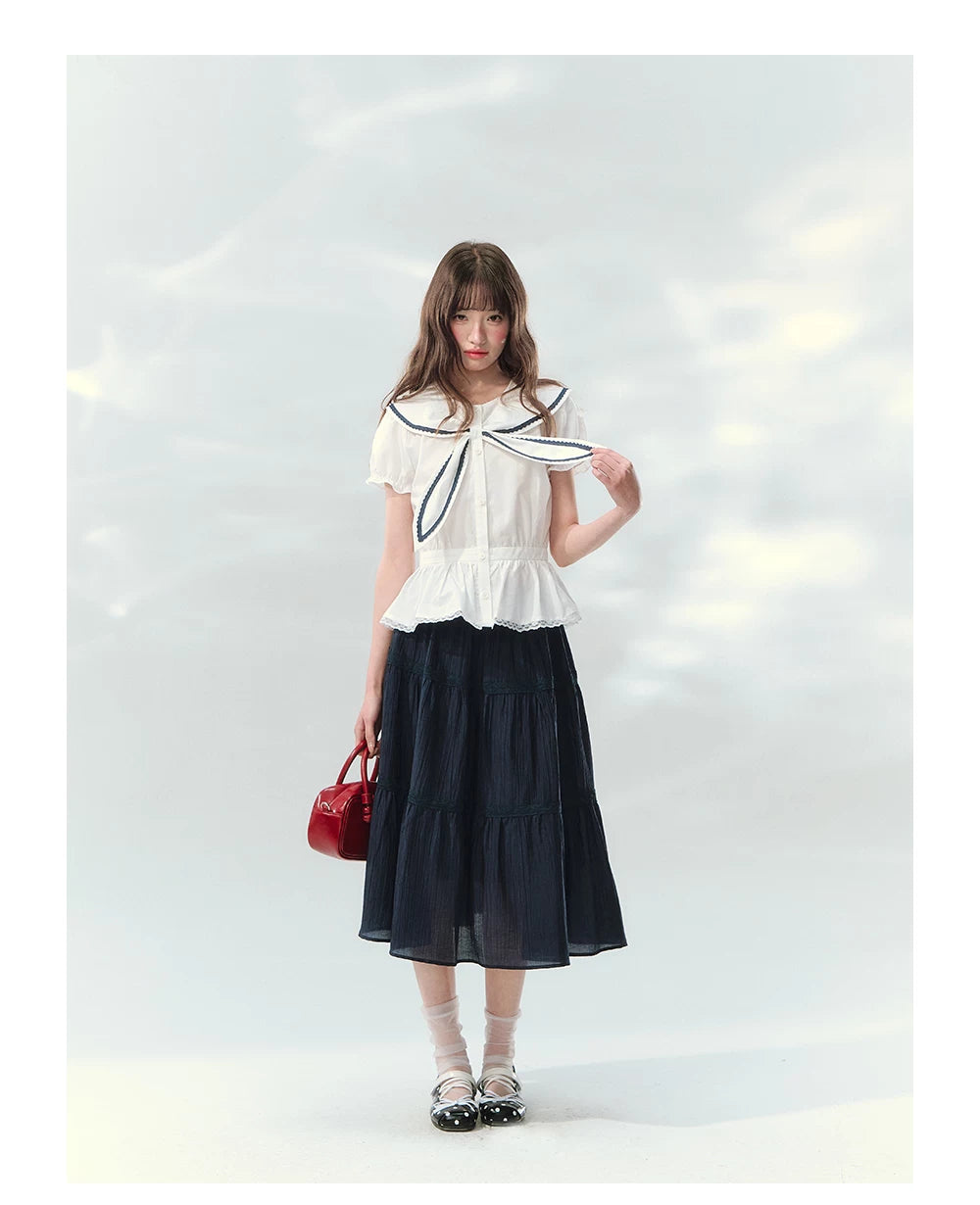 “Letter from Sea Isle” White & Navy Sailor Collar Blouse and Tiered Skirt Set