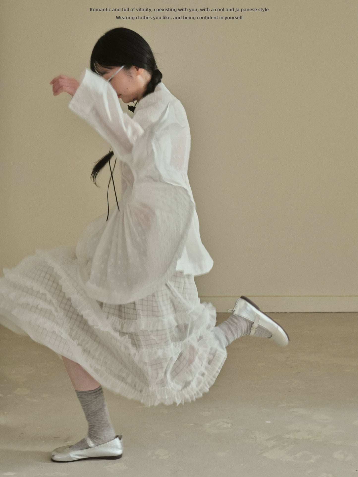 "Soft Polka Whisper" White Long Sleeve Babydoll Midi Dress