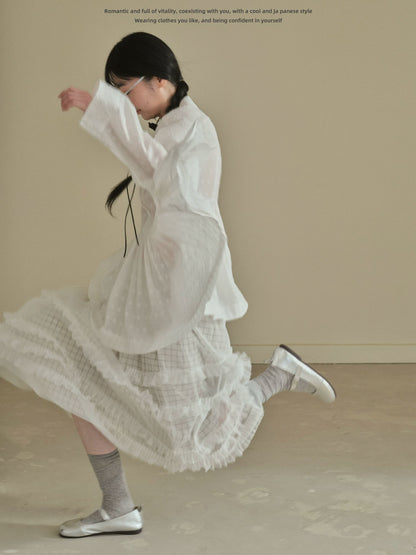 "Soft Polka Whisper" White Long Sleeve Babydoll Midi Dress