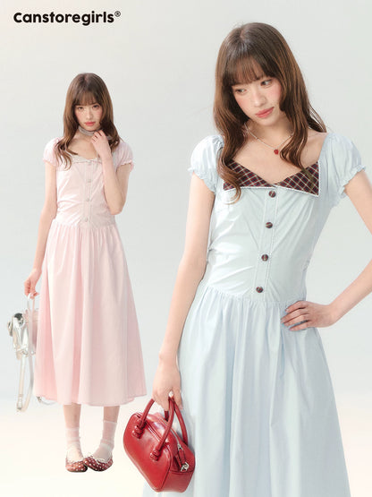 "Sakura Breeze Journal" Blush Pink Plaid Collar Dress LL2026226