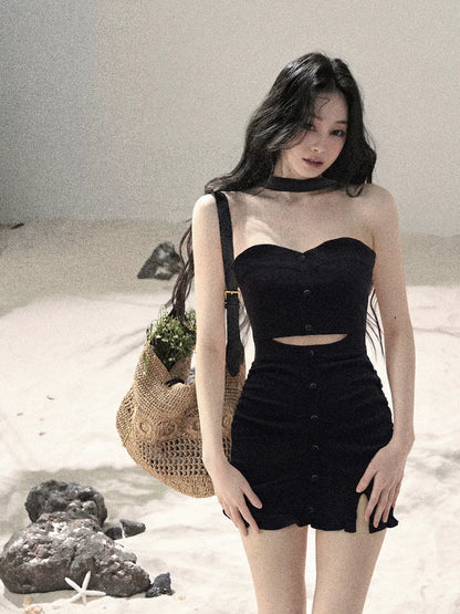 "Between Light and Shadow" Midnight Black Halter Knit Bodycon Mini Dress