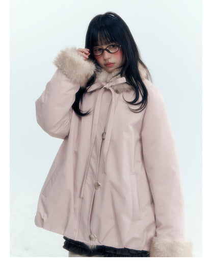 Horridale - Blue Bud-Shaped Faux Fur Collar Parka Down Jacket