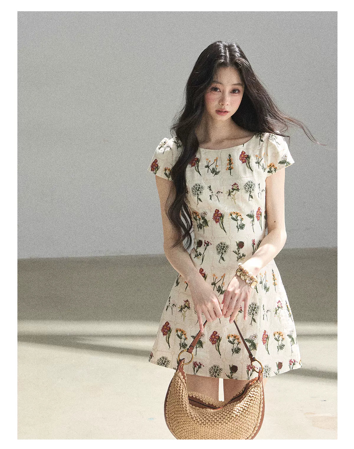 "Wildflower Daydream" Dutch Cream Embroidered Mini Dress - Short Sleeve 45684