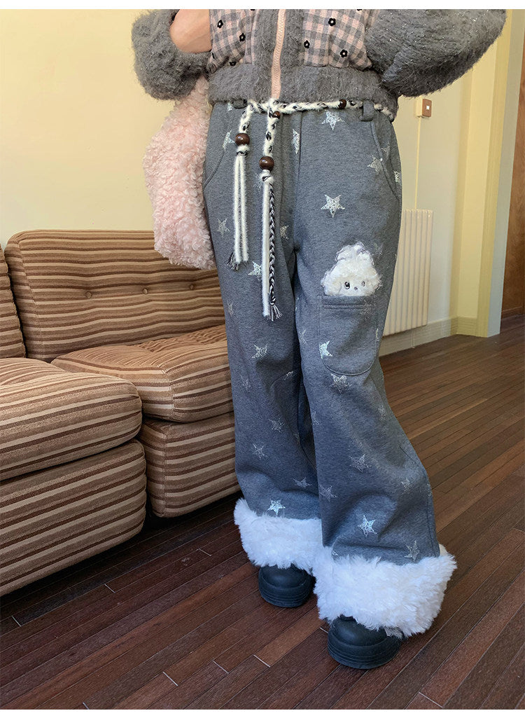 阮阮自制 - "Cold Star Snow" Faux Fur Star Print Fleece Jogger Pants