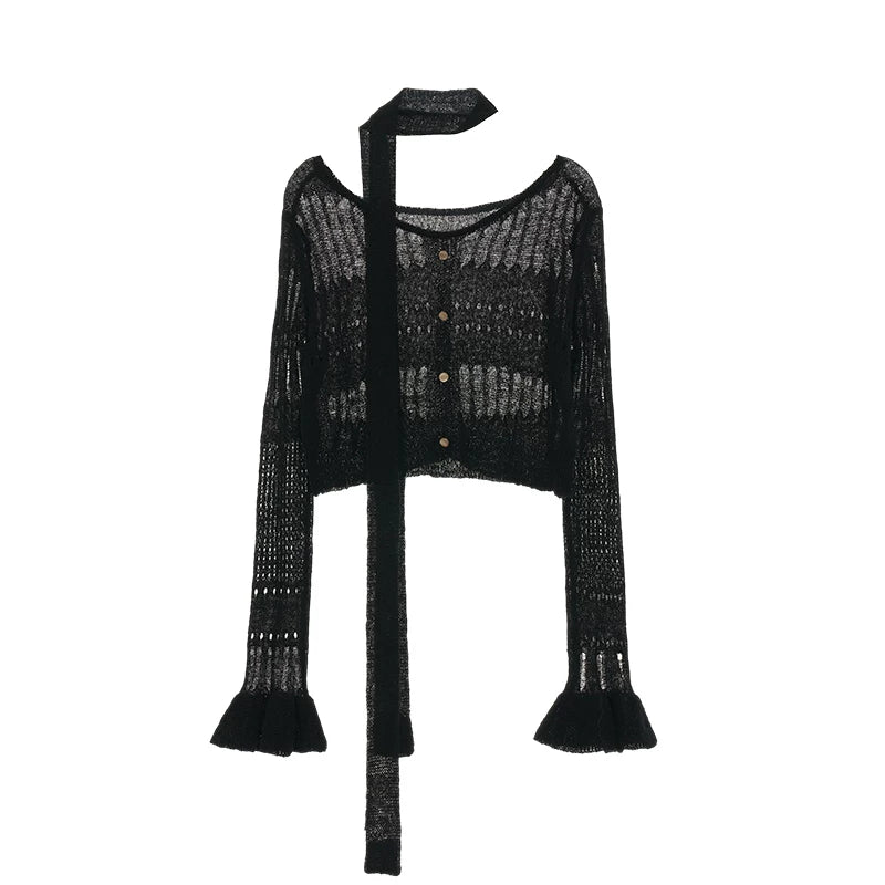 MAMC - Wide-Neck Cutout Cropped Knit Cardigan (Black / Yellow / Beige / Plaid Bra)