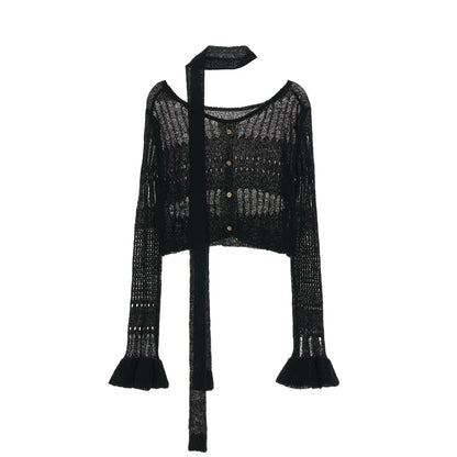 MAMC - Wide-Neck Cutout Cropped Knit Cardigan (Black / Yellow / Beige / Plaid Bra)
