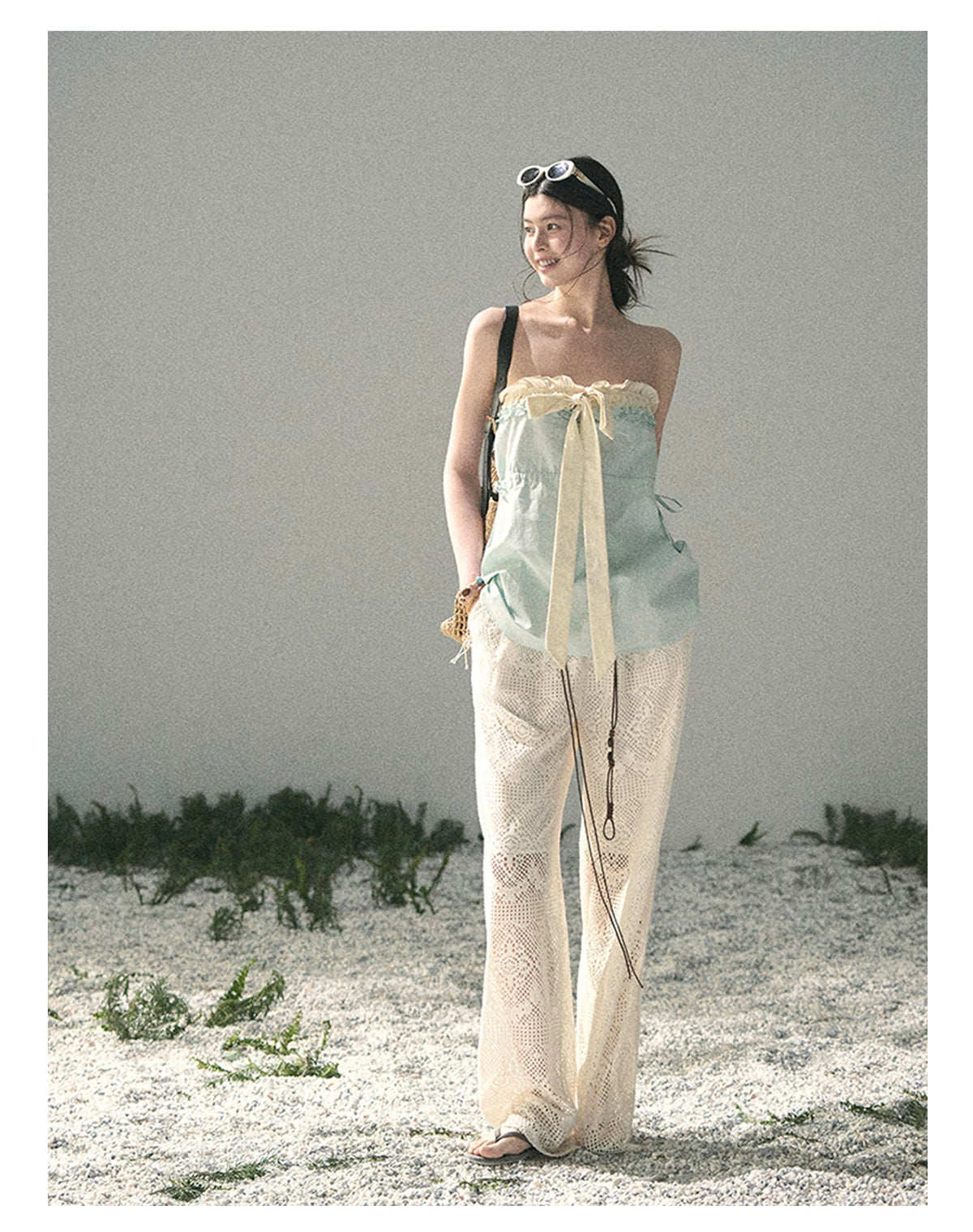 “Blue Whispers on Ivory” Mint Ruffle Bustier Top