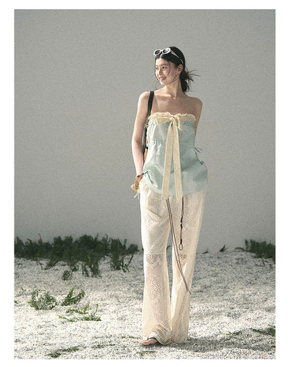 “Blue Whispers on Ivory” Mint Ruffle Bustier Top