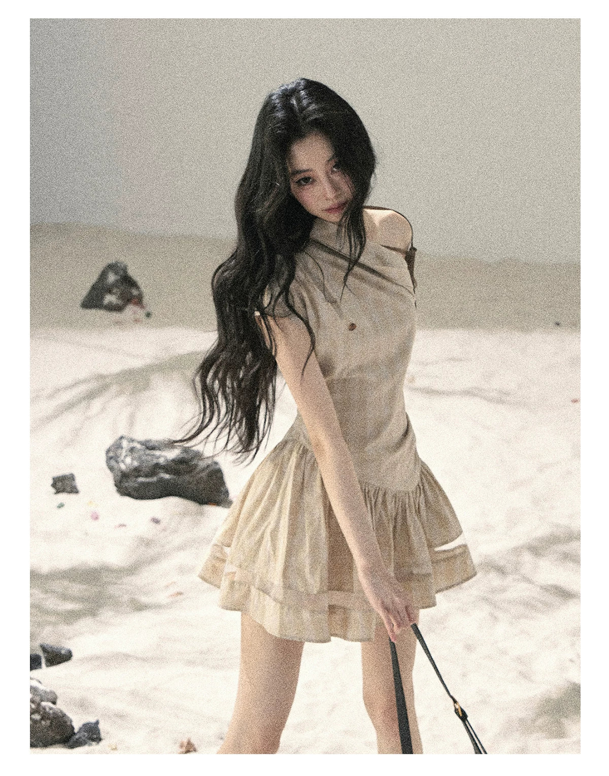 "Traces Left by the Wind" Sand Beige Off-Shoulder Plaid Puff Mini Dress