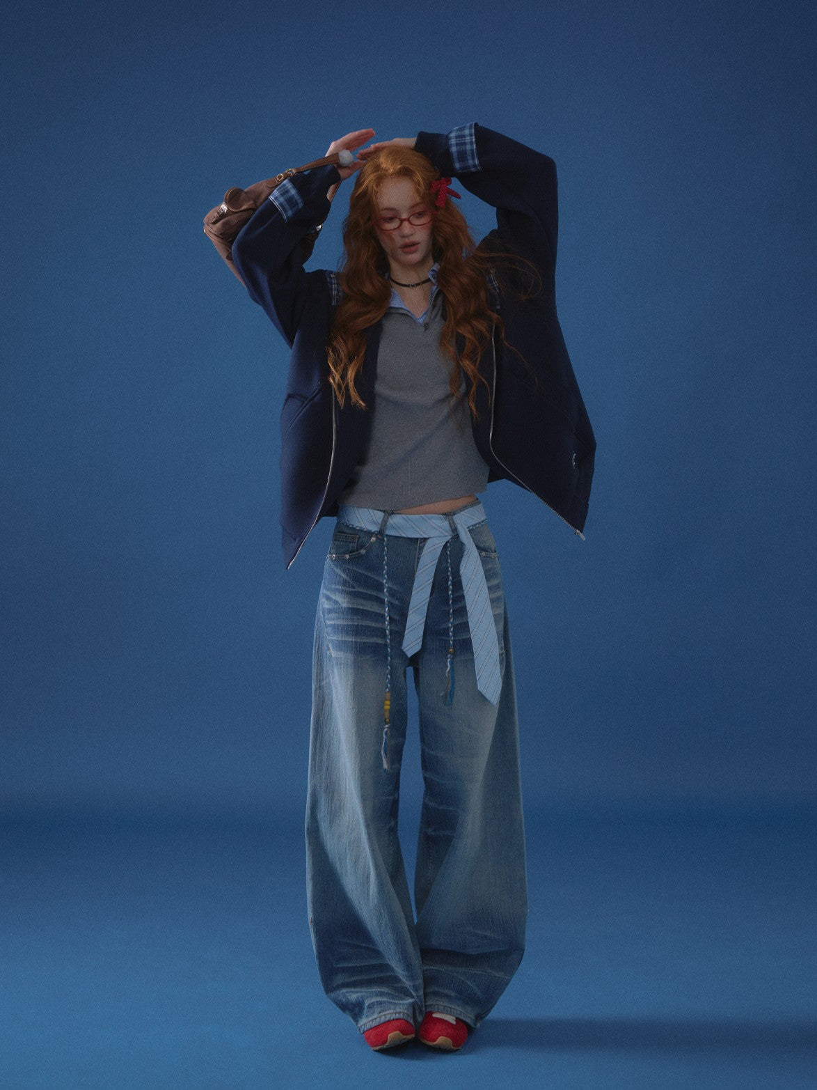 ASGONY - Plaid-Lined Oversized Hoodie Jacket (Navy)
