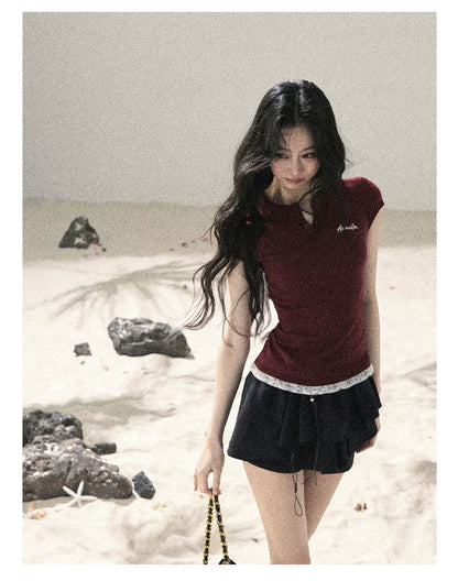 "Letter from the Tides" Burgundy Red Faux Two-Piece Lace Waist-Fit Crop Top 452436