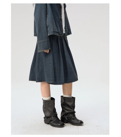 [CAN] "Wildflower Echoes" Vintage Indigo Denim Set (Jacket / Flared Pants / Midi Skirt)