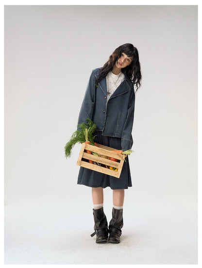 [CAN] "Wildflower Echoes" Vintage Indigo Denim Set (Jacket / Flared Pants / Midi Skirt)