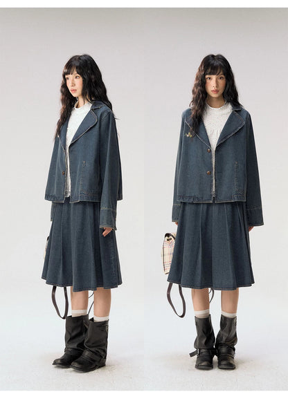 [CAN] "Wildflower Echoes" Vintage Indigo Denim Set (Jacket / Flared Pants / Midi Skirt)