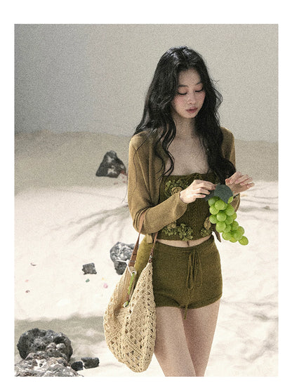 "Forest After Rain" Misty Meadow Haze 3-Piece Cardigan & Shorts Set 45236485
