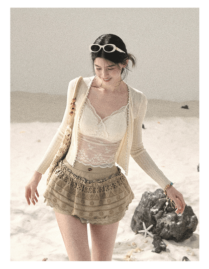 "Translucent Skin" Cream Apricot Lace Camisole Top 455335
