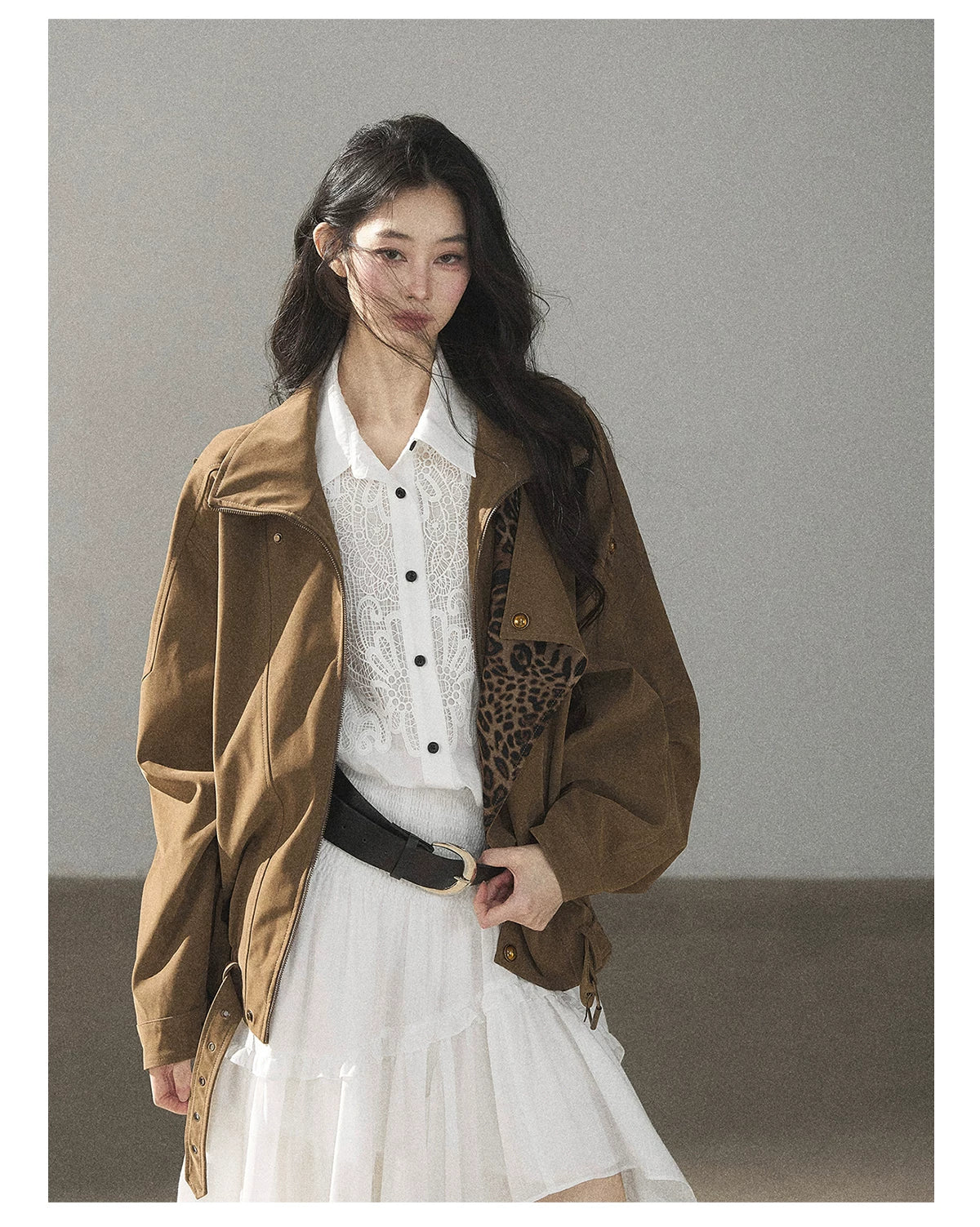 AOMALM - “Acorn & Fallen Leaves” Korean Leopard Print Chestnut Brown Faux Suede Jacket