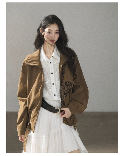AOMALM - “Acorn & Fallen Leaves” Korean Leopard Print Chestnut Brown Faux Suede Jacket