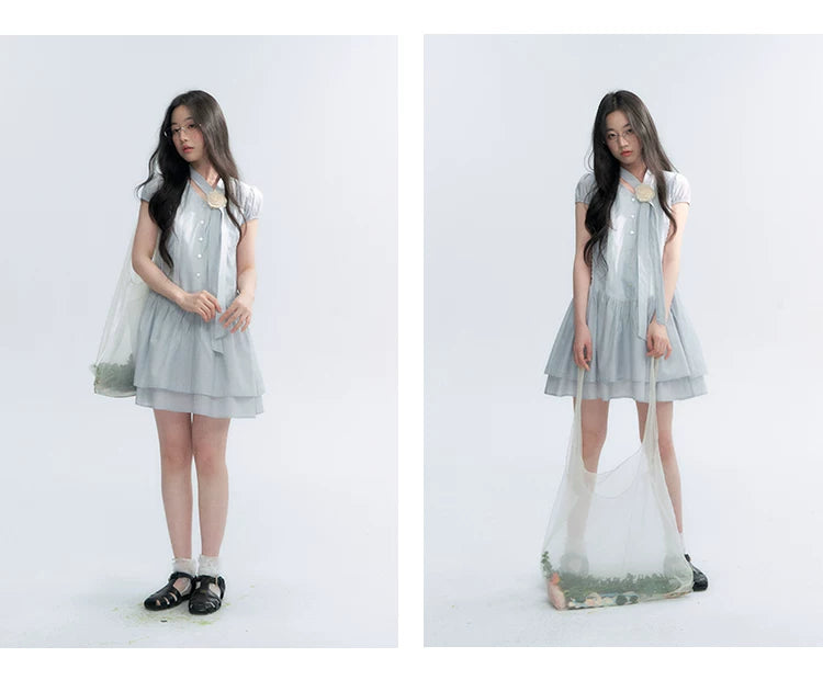 "Cedar Salt" Cool Moon Blue Lace Trim Puff Sleeve Dress