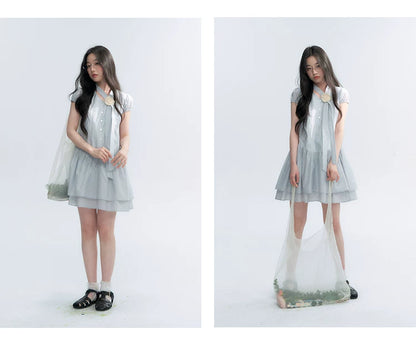 "Cedar Salt" Cool Moon Blue Lace Trim Puff Sleeve Dress