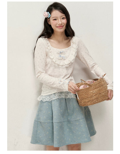 [RF] Cream Floral Peter Pan Collar Long-Sleeve Fitted Layering Top with Lace Details