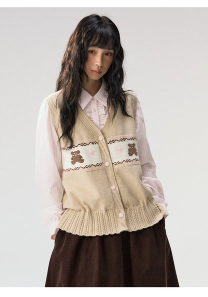 [CAN] "Bear Waltz" Brown Bow Jacquard Knit Vest