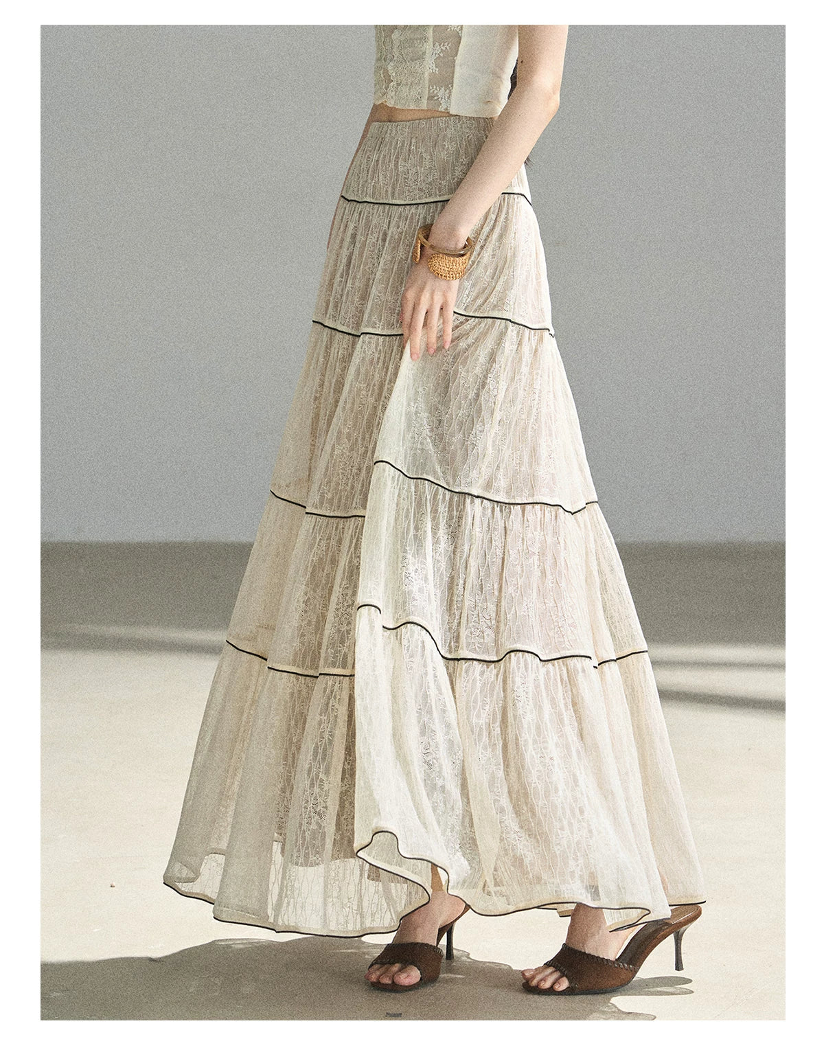 "Mist Through the Woods" Creamy Apricot White Lace Maxi A-Line Skirt
