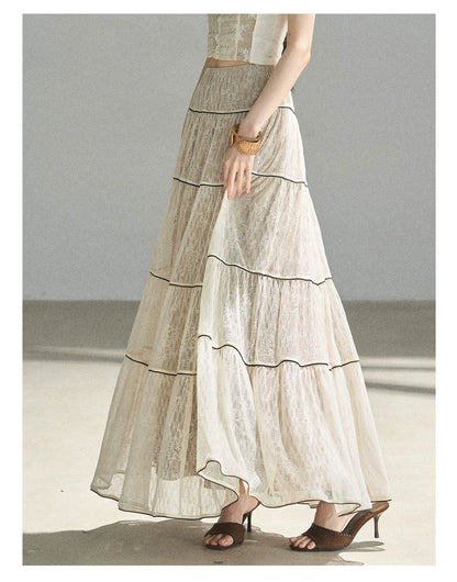 "Mist Through the Woods" Creamy Apricot White Lace Maxi A-Line Skirt