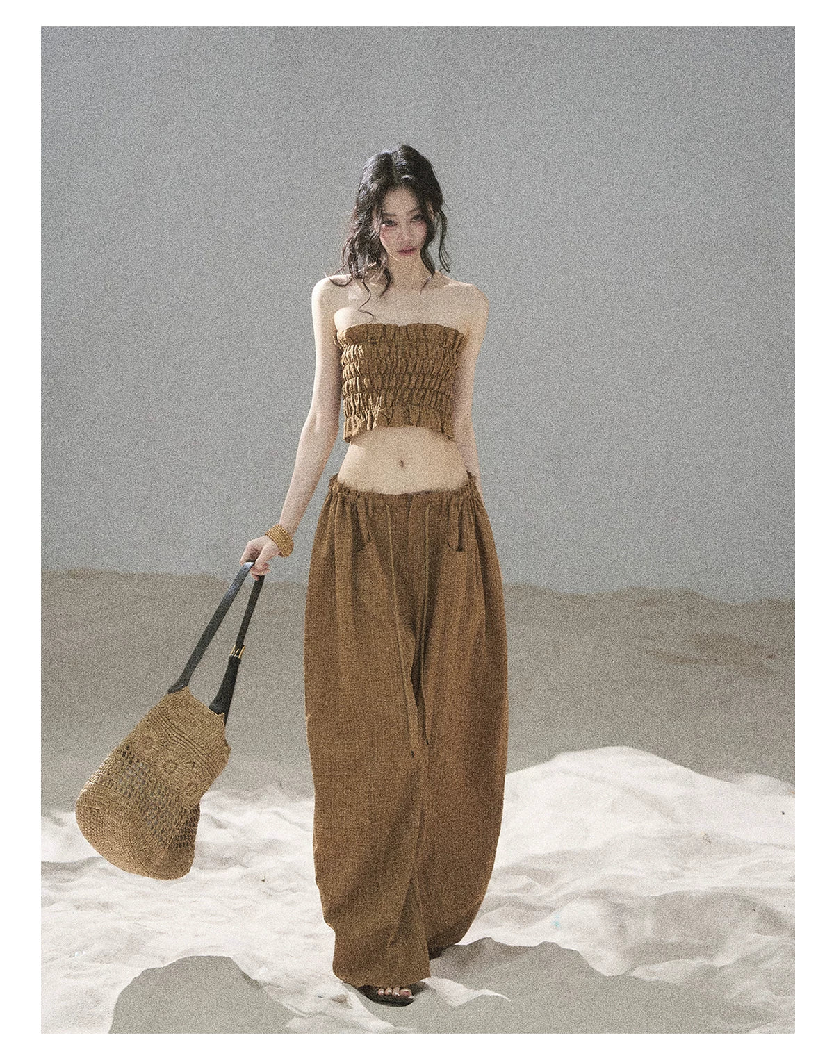 "Caramel Dusk" Ash Caramel Shirred Bandeau Top & Relaxed Pants Set