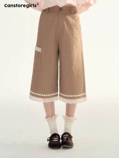 Caramel Lace Trim Cropped Straight-Leg Pants WW2026085