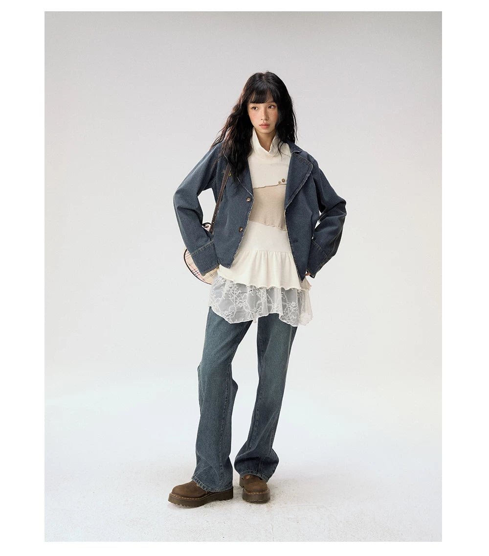 [CAN] "Oatmeal Harmony" Ivory Taupe Ruffle Lace Layered Knit Top