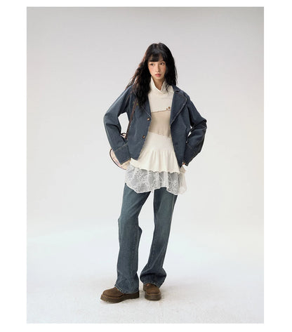 [CAN] "Oatmeal Harmony" Ivory Taupe Ruffle Lace Layered Knit Top