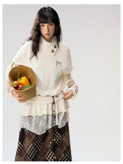 [CAN] "Oatmeal Harmony" Ivory Taupe Ruffle Lace Layered Knit Top