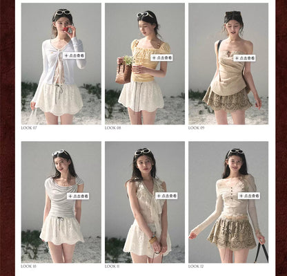“Lost in Your Embrace” Roasted Pecan Lace Puff Skort