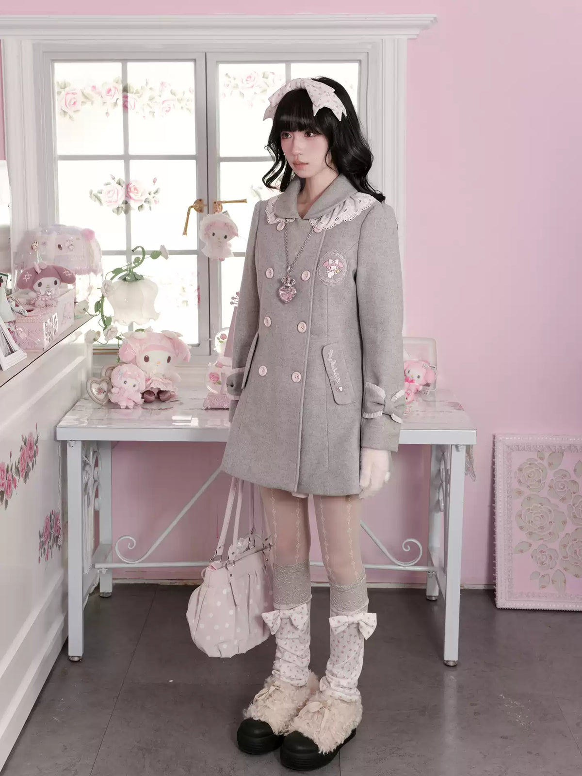 KYOUKO - My Melody Dusty Pink-Gray Double-Breasted Waist-Defined Wool-Look Coat