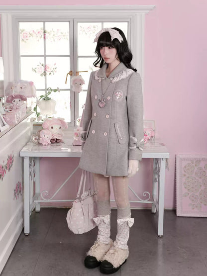 KYOUKO - My Melody Dusty Pink-Gray Double-Breasted Waist-Defined Wool-Look Coat