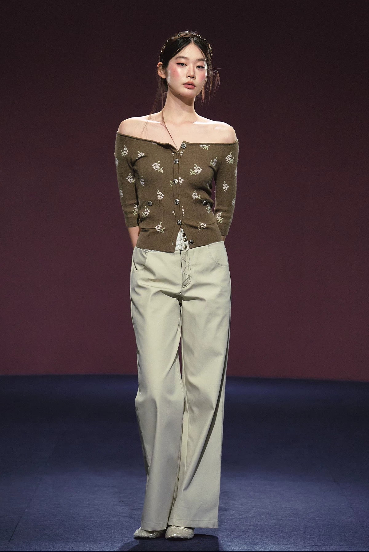 Floral Mosaic Off-Shoulder Knit Top (Ivory/ Dark Brown)