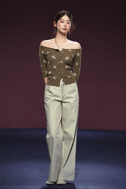 Floral Mosaic Off-Shoulder Knit Top (Ivory/ Dark Brown)