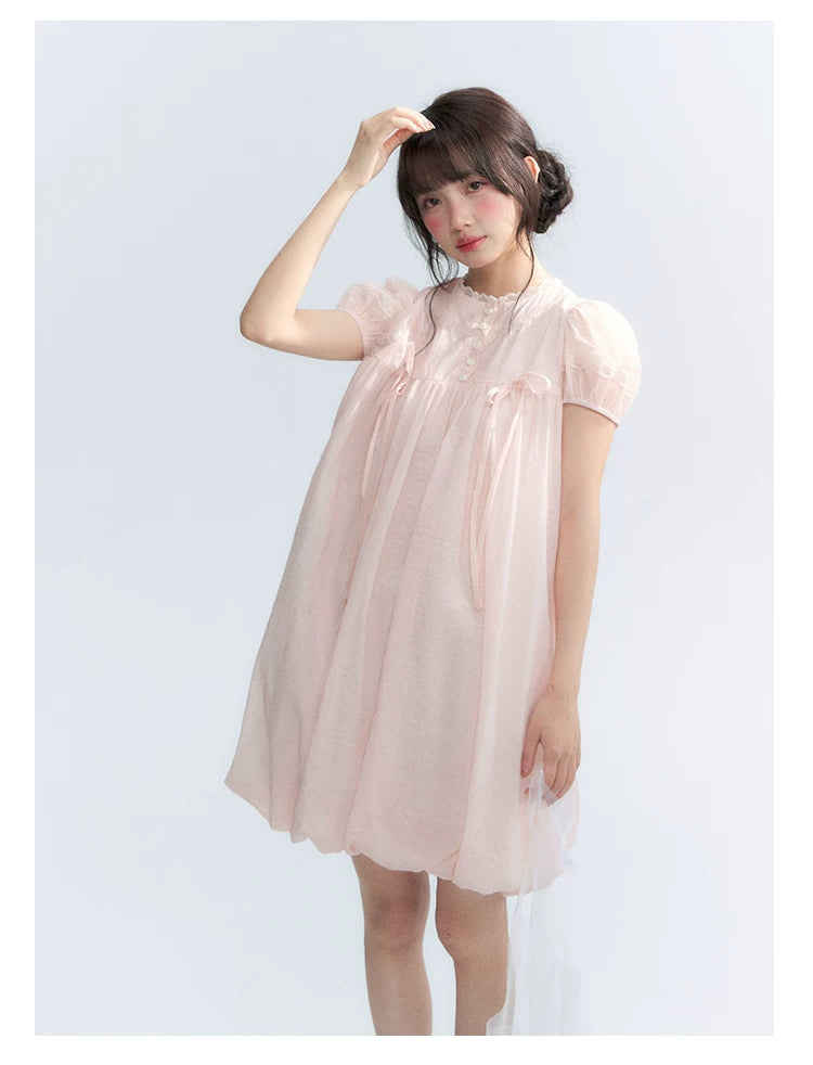 "Little Princess" Strawberry Pink Lace Bow Bubble Hem Midi Dress