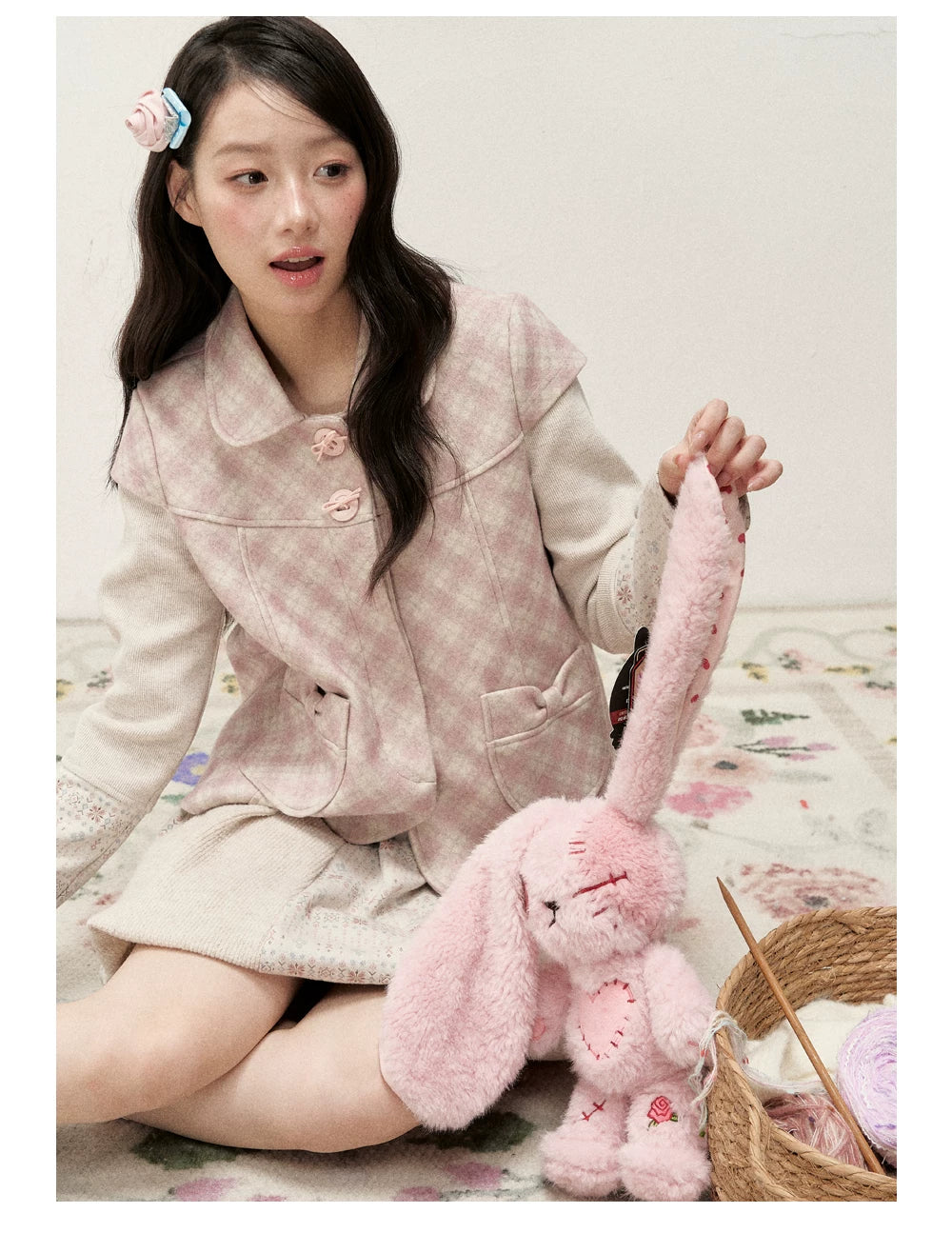 [RF] Pink Gingham Wool Blend Cropped Coat with Peter Pan Collar