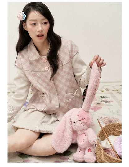 [RF] Pink Gingham Wool Blend Cropped Coat with Peter Pan Collar