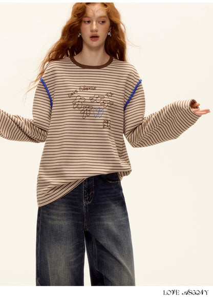 ASGONY - Striped Contrast Embroidered Shell Stitch T-Shirt