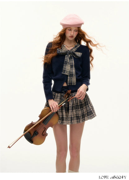ASGONY - Navy Plaid Bow Detail Cropped Knit Cardigan