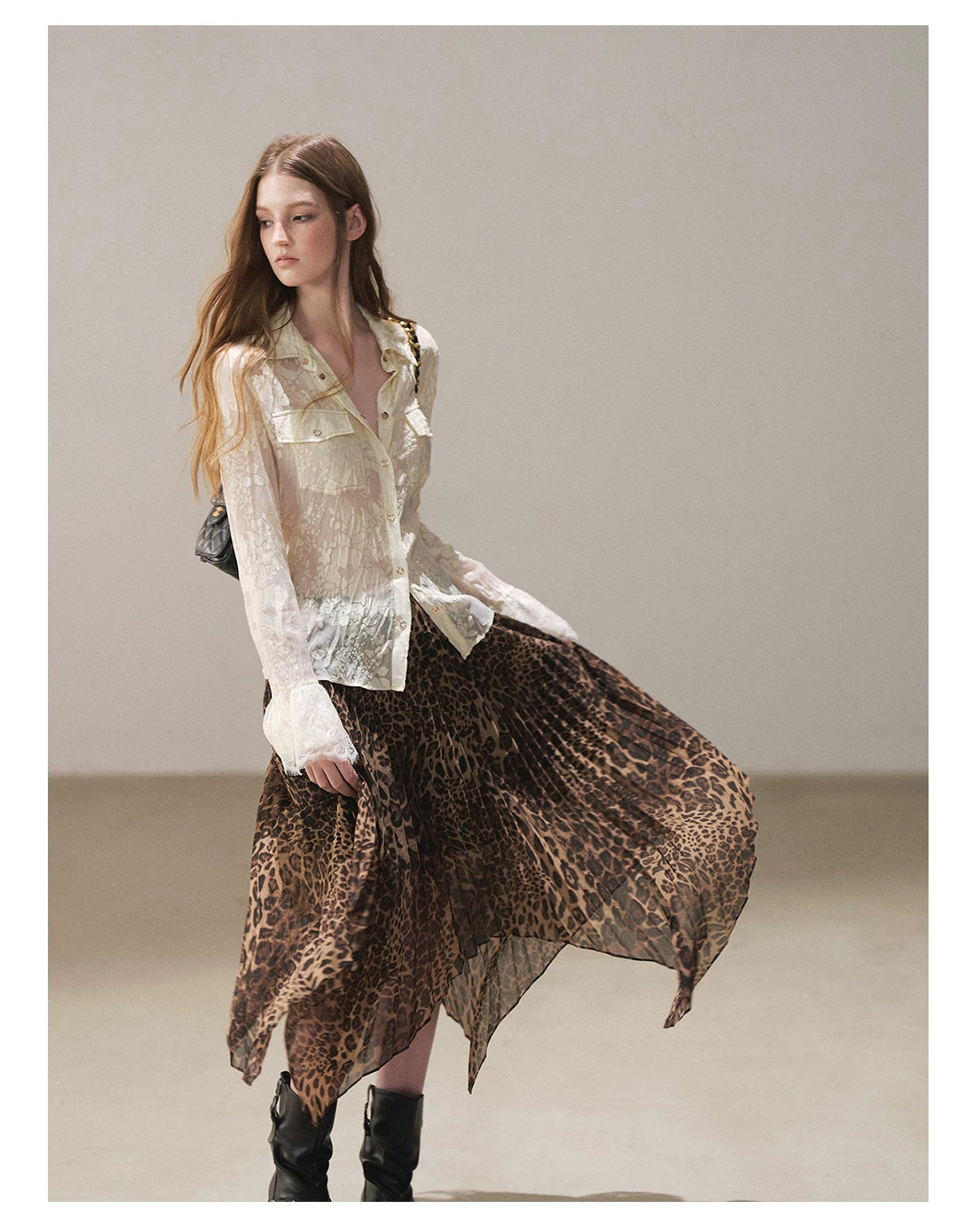 AOMALM - “Cocoa Leopard” Pleated Asymmetric Midi Skirt