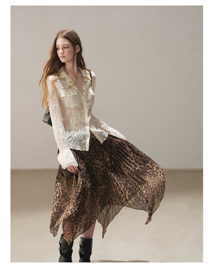 AOMALM - “Cocoa Leopard” Pleated Asymmetric Midi Skirt