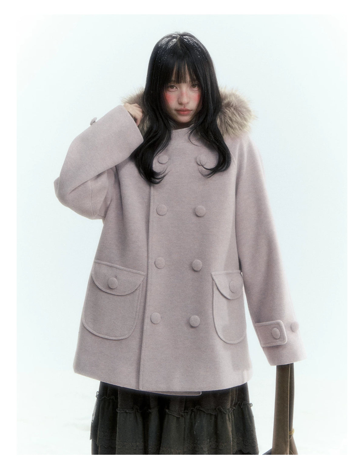 Japanese Hooded Double-Breasted Wool Coat (Deep Charcoal Gray / Taro Purple)