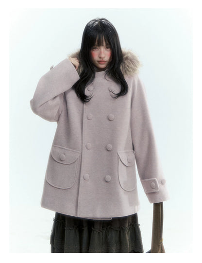 Japanese Hooded Double-Breasted Wool Coat (Deep Charcoal Gray / Taro Purple)