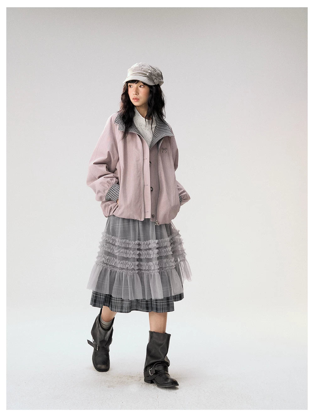 [CAN] "Lavender Plaid Notes" Dusty Purple Plaid Double Collar Cropped Jacket
