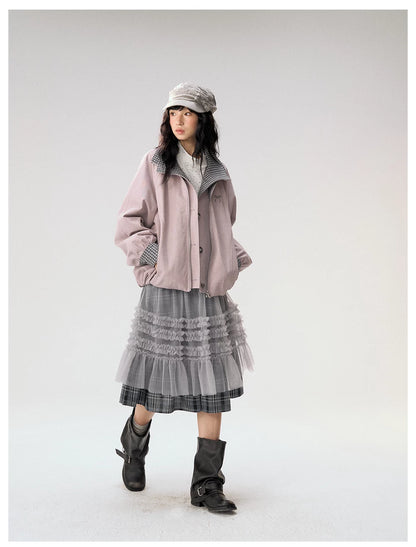 [CAN] "Lavender Plaid Notes" Dusty Purple Plaid Double Collar Cropped Jacket