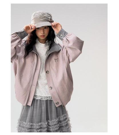 [CAN] "Lavender Plaid Notes" Dusty Purple Plaid Double Collar Cropped Jacket